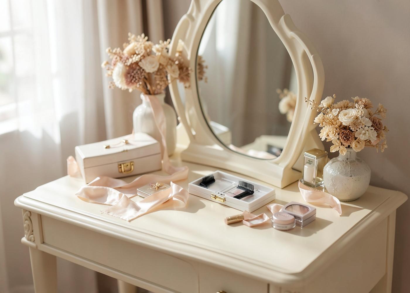 Maria Lashs products on a cream vanity table